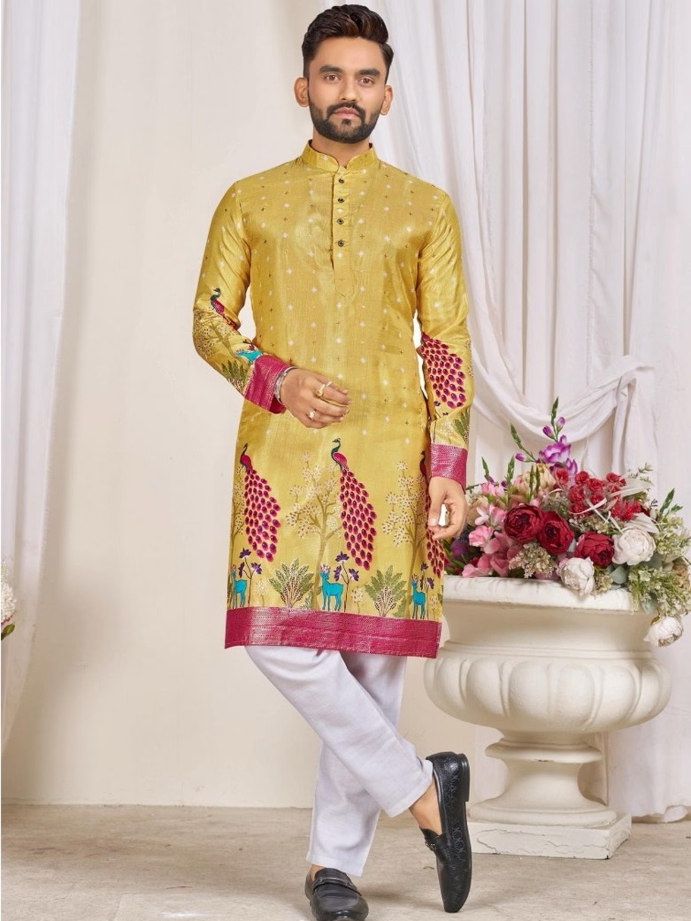 Golden Yellow Embroidered Kurta with Pink Accents and pants
